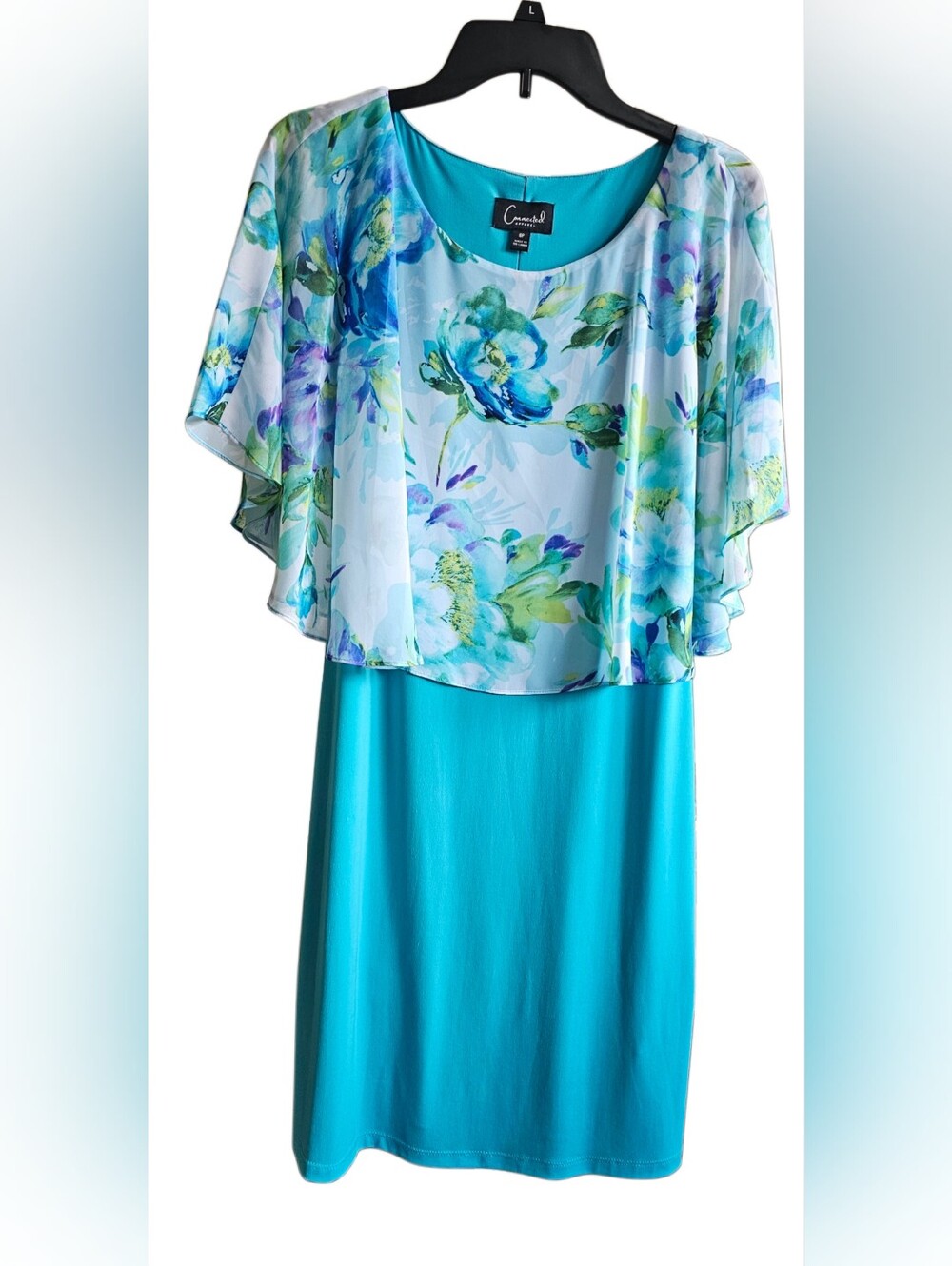 Connected Apparel Teal Floral Overlay Dress